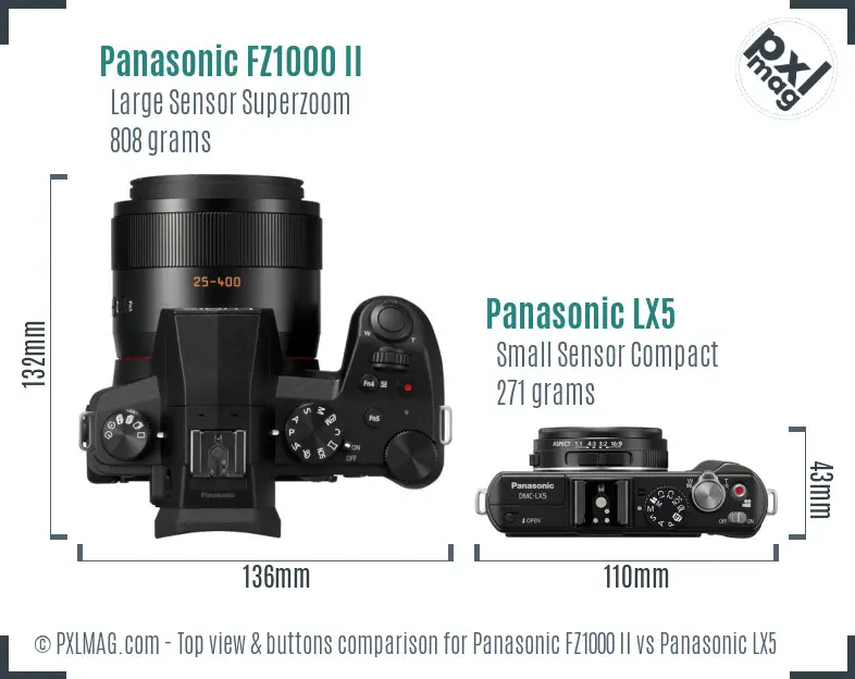 Panasonic FZ1000 II vs Panasonic LX5 top view buttons comparison