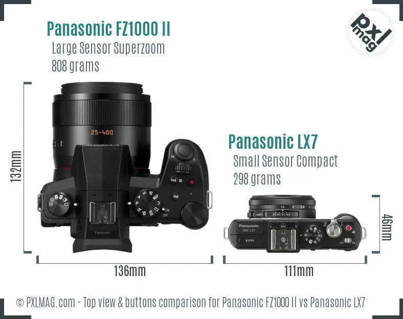 Panasonic FZ1000 II vs Panasonic LX7 top view buttons comparison