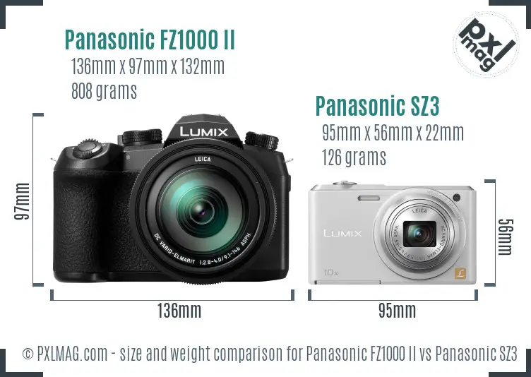Panasonic FZ1000 II vs Panasonic SZ3 size comparison