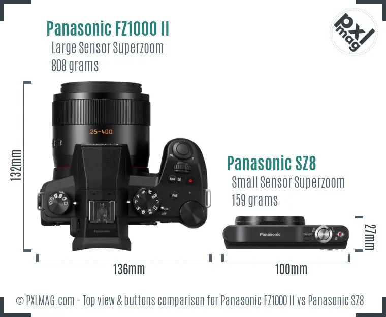 Panasonic FZ1000 II vs Panasonic SZ8 top view buttons comparison Panasonic FZ1000 II vs Panasonic SZ8 top view buttons comparison
