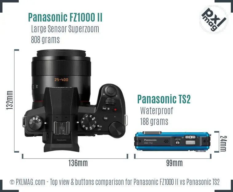 Panasonic FZ1000 II vs Panasonic TS2 top view buttons comparison Panasonic FZ1000 II vs Panasonic TS2 top view buttons comparison