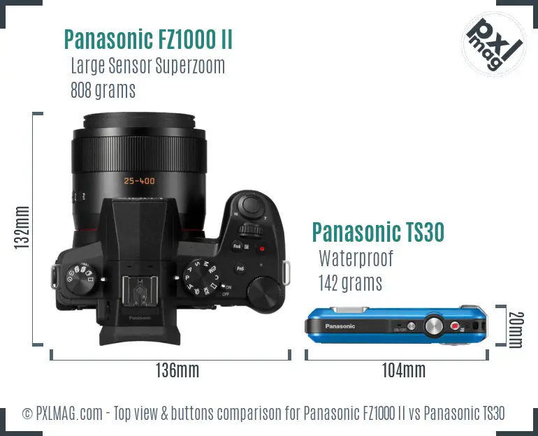 Panasonic FZ1000 II vs Panasonic TS30 top view buttons comparison Panasonic FZ1000 II vs Panasonic TS30 top view buttons comparison