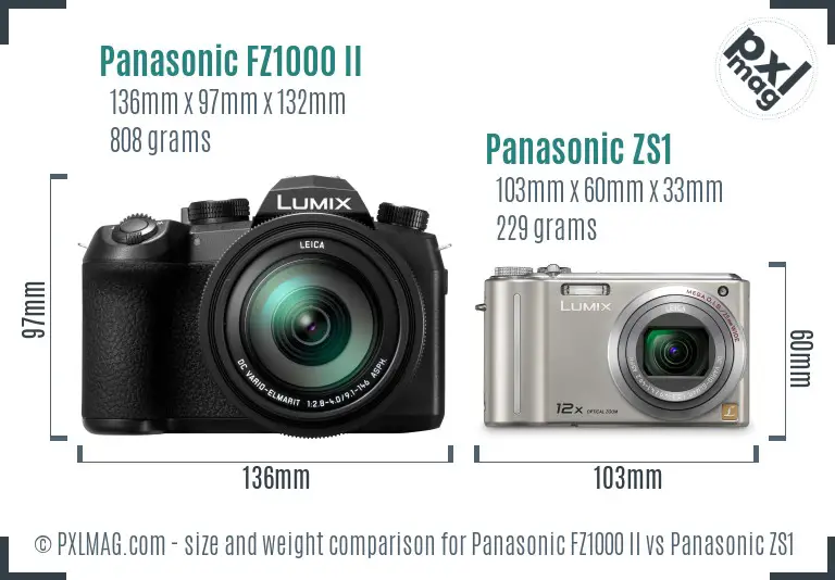 Panasonic FZ1000 II vs Panasonic ZS1 size comparison