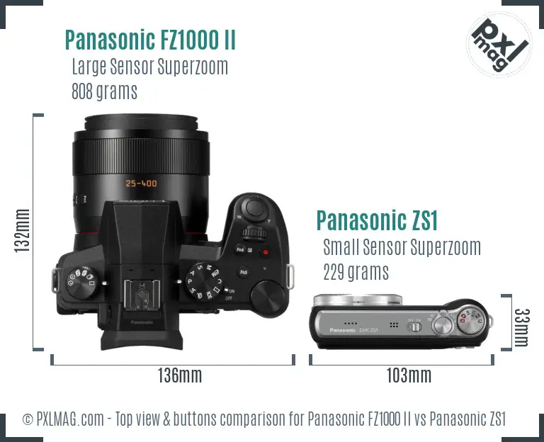 Panasonic FZ1000 II vs Panasonic ZS1 top view buttons comparison