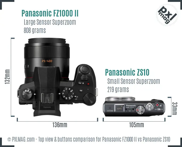 Panasonic FZ1000 II vs Panasonic ZS10 top view buttons comparison