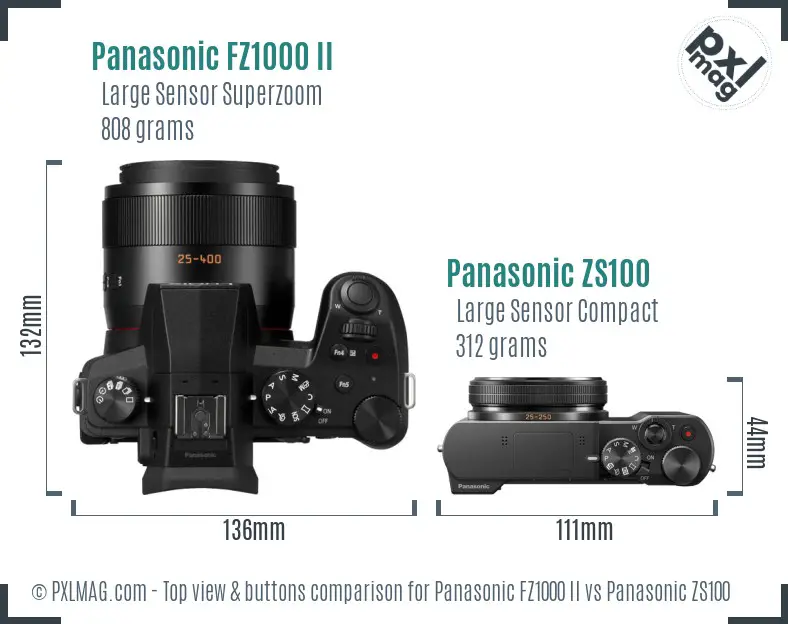 Panasonic FZ1000 II vs Panasonic ZS100 top view buttons comparison