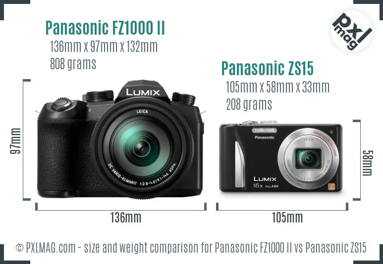 Panasonic FZ1000 II vs Panasonic ZS15 size comparison