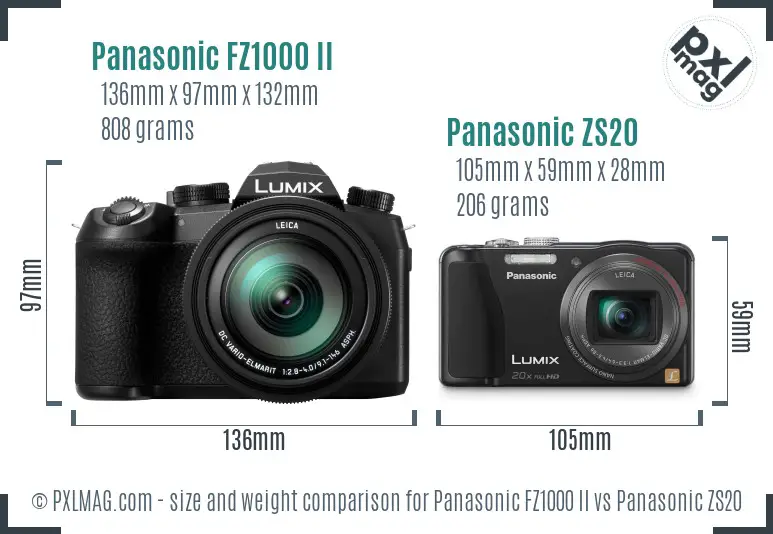 Panasonic FZ1000 II vs Panasonic ZS20 size comparison