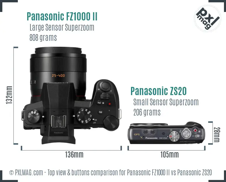 Panasonic FZ1000 II vs Panasonic ZS20 top view buttons comparison
