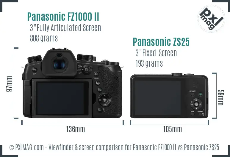 Panasonic FZ1000 II vs Panasonic ZS25 Screen and Viewfinder comparison