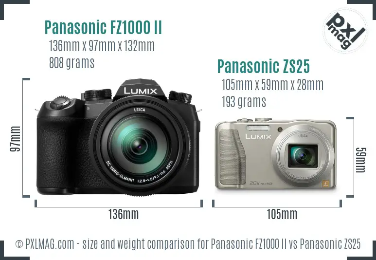 Panasonic FZ1000 II vs Panasonic ZS25 size comparison