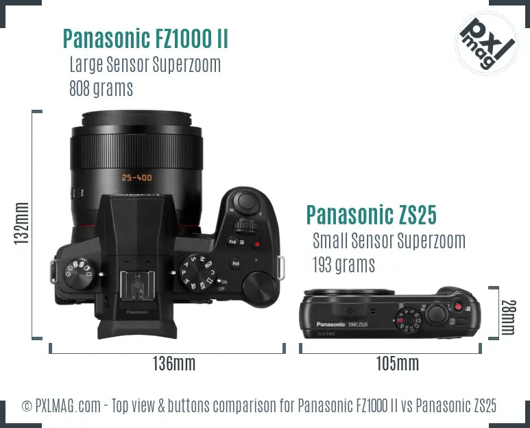 Panasonic FZ1000 II vs Panasonic ZS25 top view buttons comparison