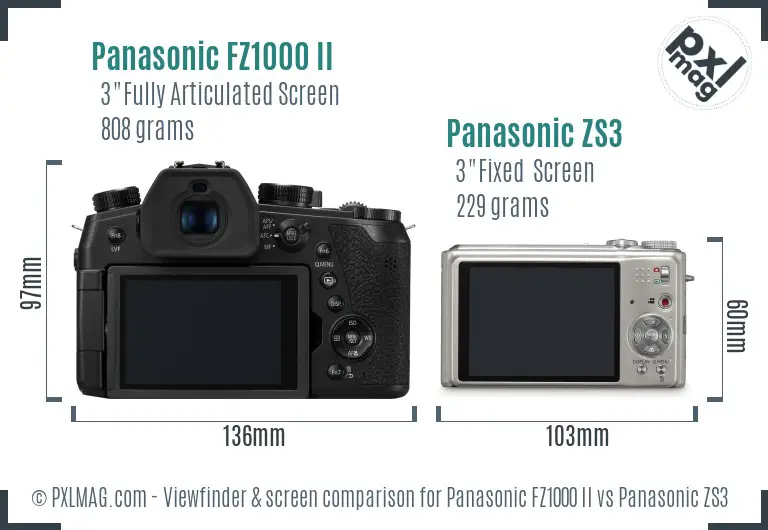 Panasonic FZ1000 II vs Panasonic ZS3 Screen and Viewfinder comparison