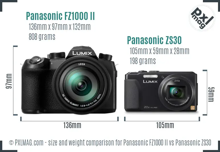 Panasonic FZ1000 II vs Panasonic ZS30 size comparison