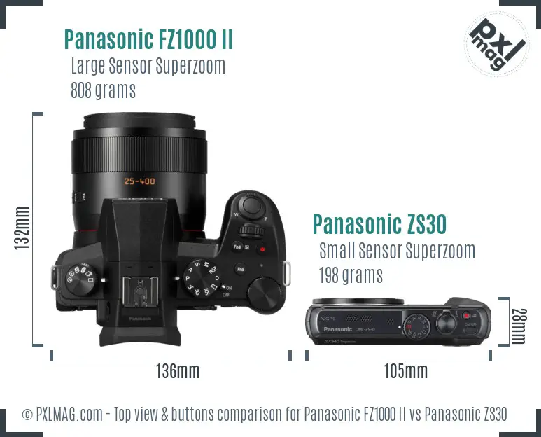 Panasonic FZ1000 II vs Panasonic ZS30 top view buttons comparison