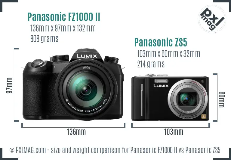 Panasonic FZ1000 II vs Panasonic ZS5 size comparison