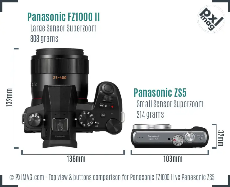 Panasonic FZ1000 II vs Panasonic ZS5 top view buttons comparison
