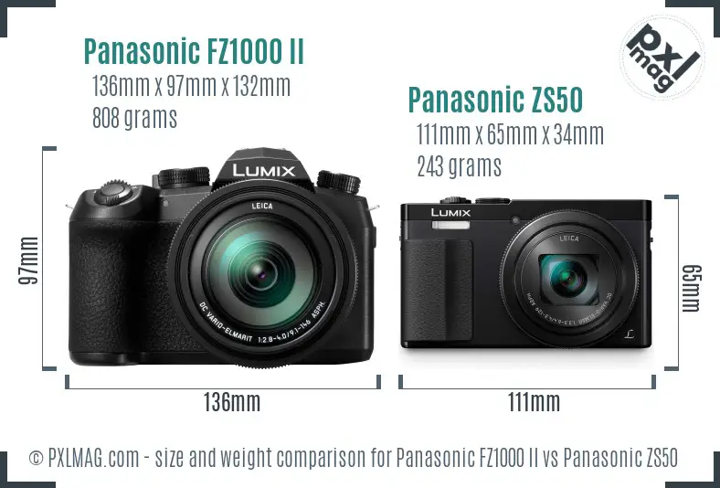 Panasonic FZ1000 II vs Panasonic ZS50 size comparison