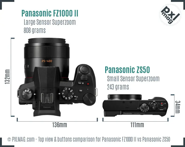 Panasonic FZ1000 II vs Panasonic ZS50 top view buttons comparison
