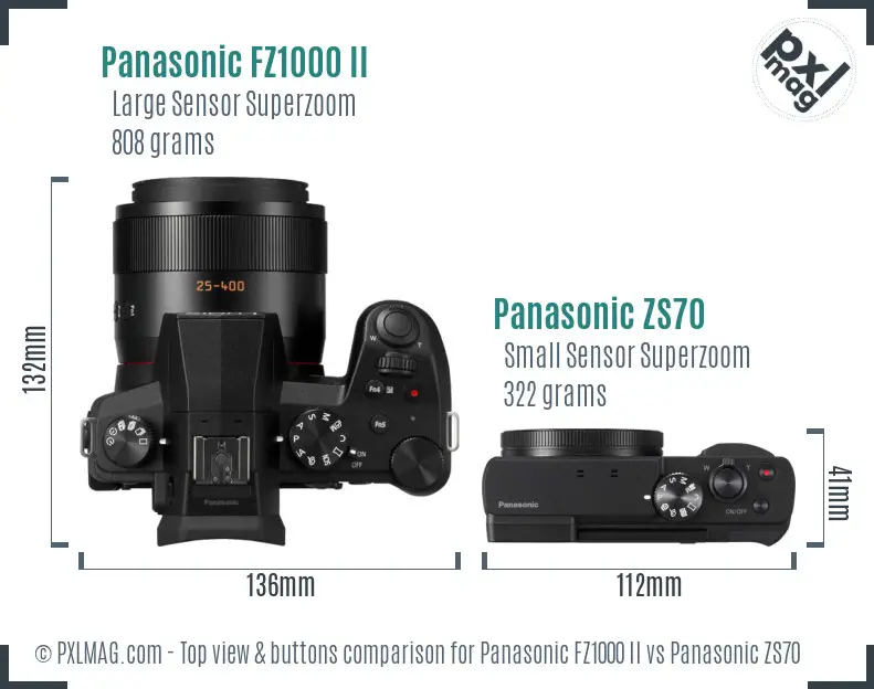 Panasonic FZ1000 II vs Panasonic ZS70 top view buttons comparison