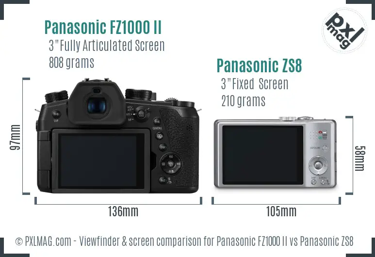 Panasonic FZ1000 II vs Panasonic ZS8 Screen and Viewfinder comparison