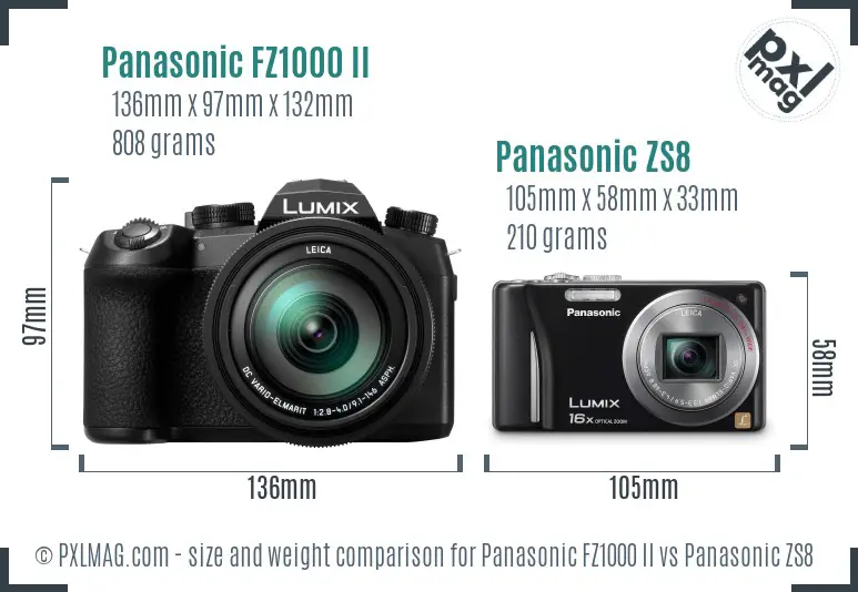 Panasonic FZ1000 II vs Panasonic ZS8 size comparison