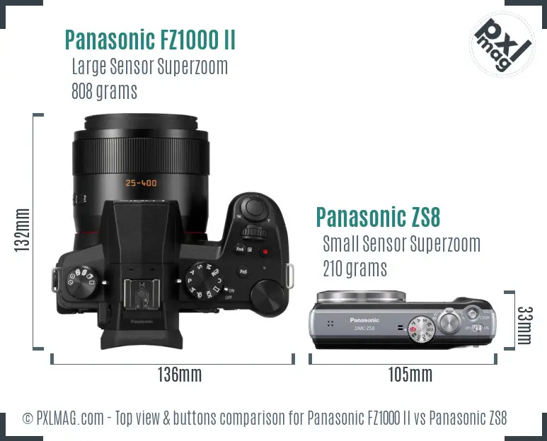 Panasonic FZ1000 II vs Panasonic ZS8 top view buttons comparison
