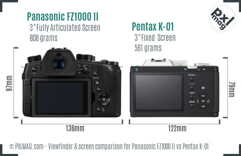 Panasonic FZ1000 II vs Pentax K-01 Screen and Viewfinder comparison