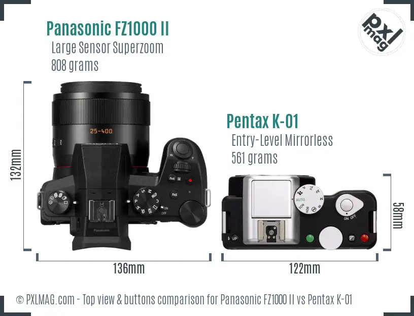 Panasonic FZ1000 II vs Pentax K-01 top view buttons comparison