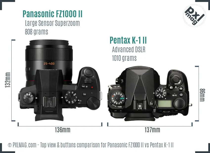 Panasonic FZ1000 II vs Pentax K-1 II top view buttons comparison