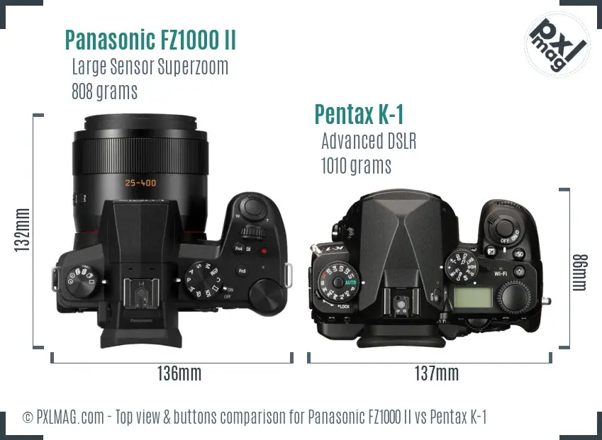 Panasonic FZ1000 II vs Pentax K-1 top view buttons comparison