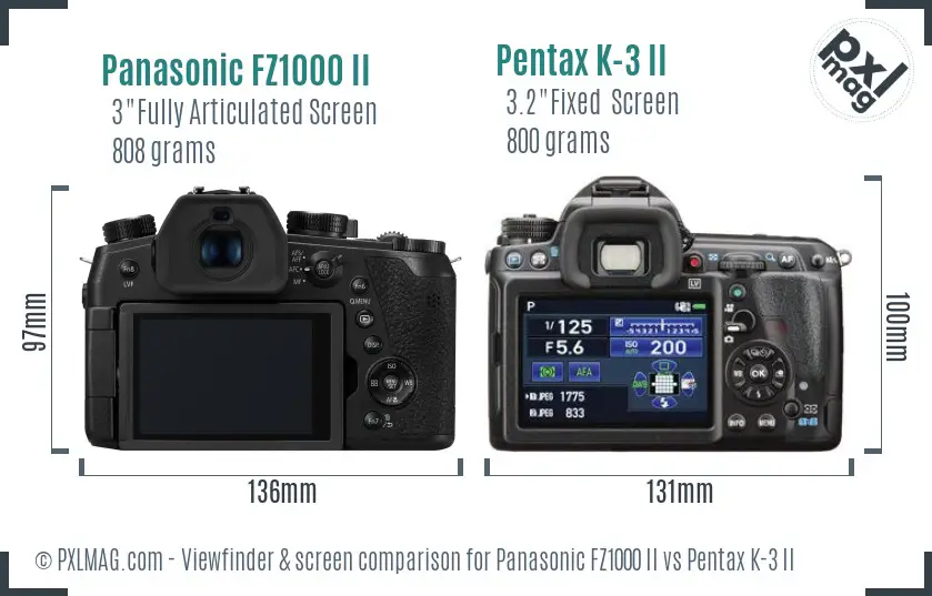 Panasonic FZ1000 II vs Pentax K-3 II Screen and Viewfinder comparison