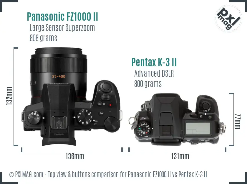 Panasonic FZ1000 II vs Pentax K-3 II top view buttons comparison