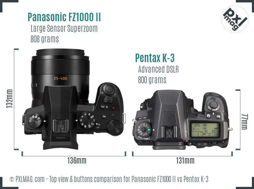 Panasonic FZ1000 II vs Pentax K-3 top view buttons comparison