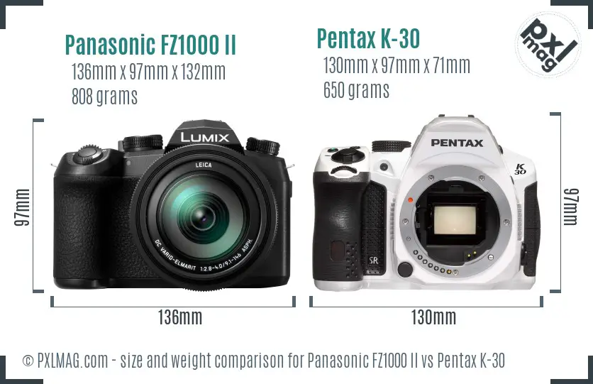 Panasonic FZ1000 II vs Pentax K-30 size comparison
