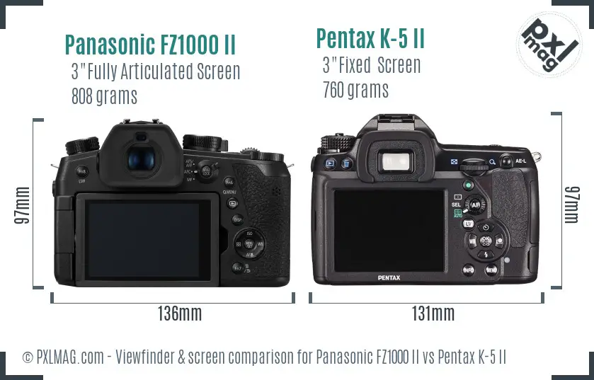 Panasonic FZ1000 II vs Pentax K-5 II Screen and Viewfinder comparison