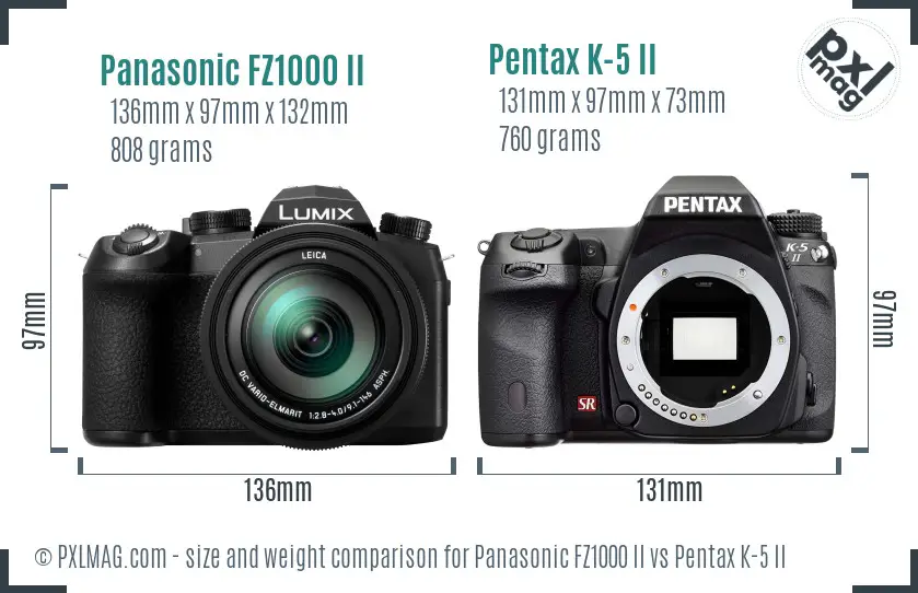 Panasonic FZ1000 II vs Pentax K-5 II size comparison
