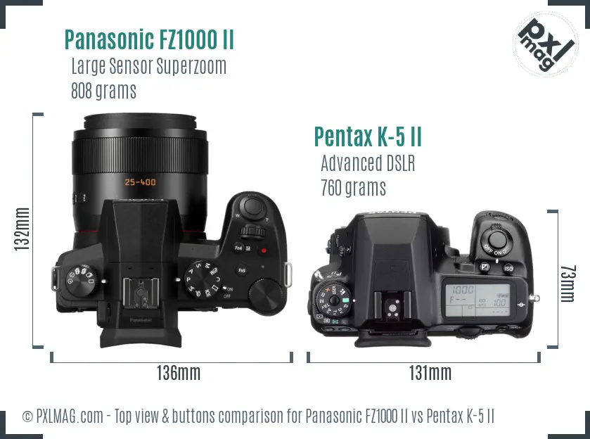 Panasonic FZ1000 II vs Pentax K-5 II top view buttons comparison