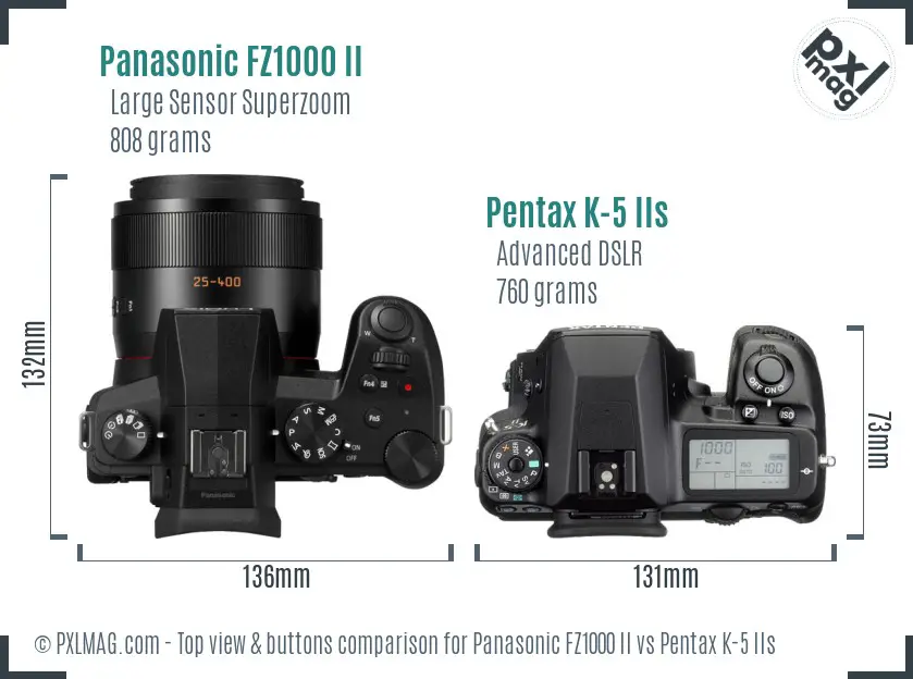 Panasonic FZ1000 II vs Pentax K-5 IIs top view buttons comparison
