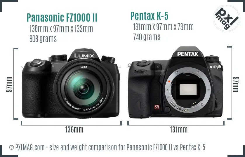 Panasonic FZ1000 II vs Pentax K-5 size comparison