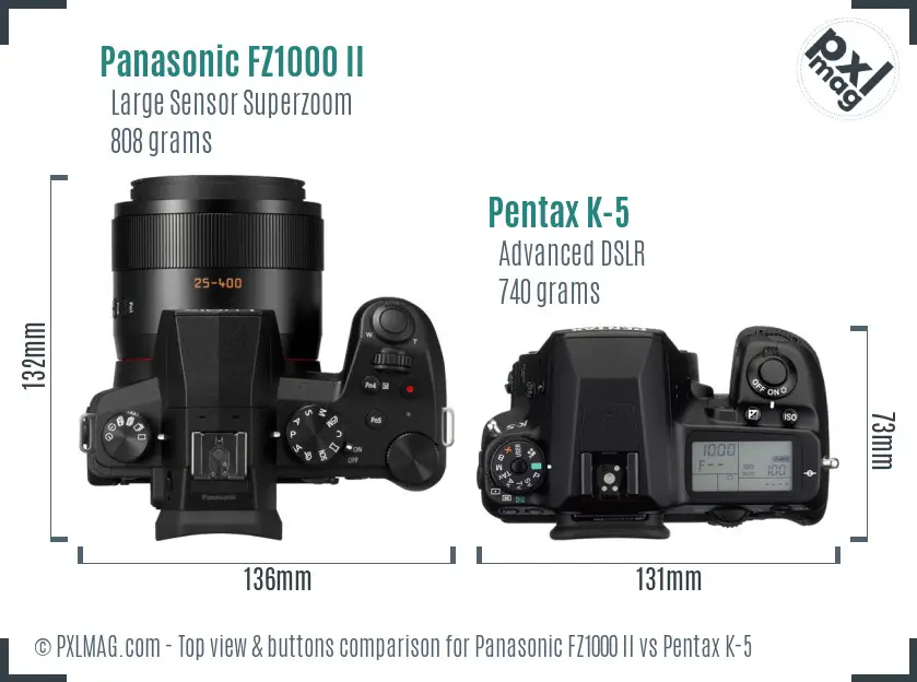 Panasonic FZ1000 II vs Pentax K-5 top view buttons comparison