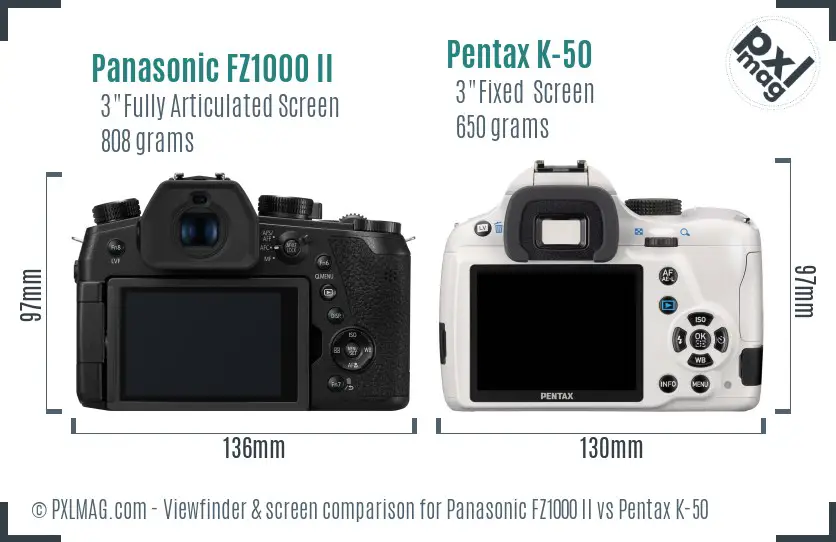Panasonic FZ1000 II vs Pentax K-50 Screen and Viewfinder comparison