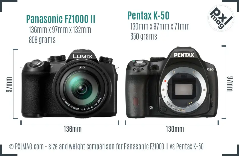 Panasonic FZ1000 II vs Pentax K-50 size comparison
