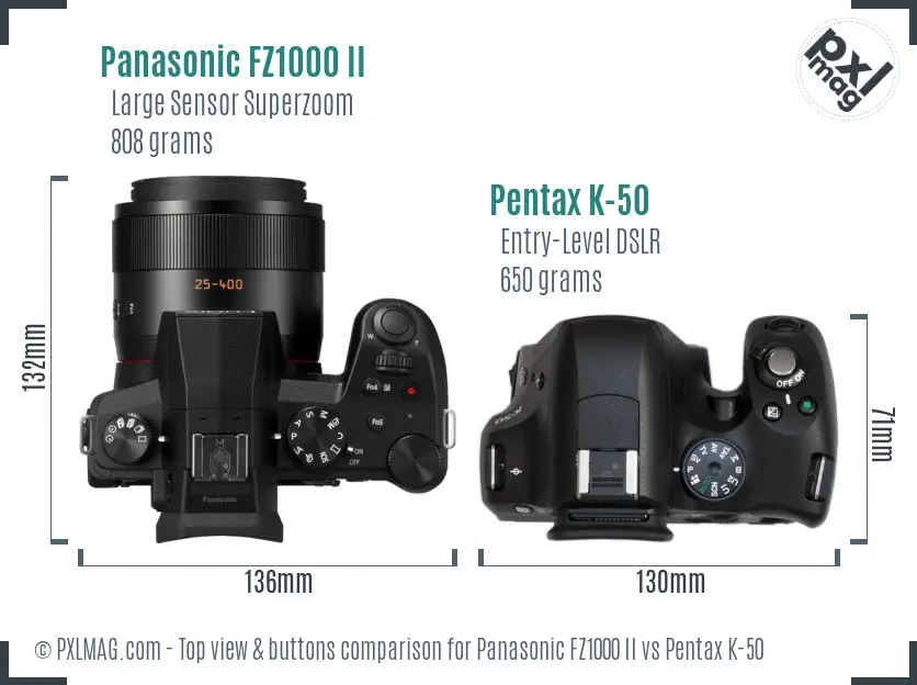 Panasonic FZ1000 II vs Pentax K-50 top view buttons comparison