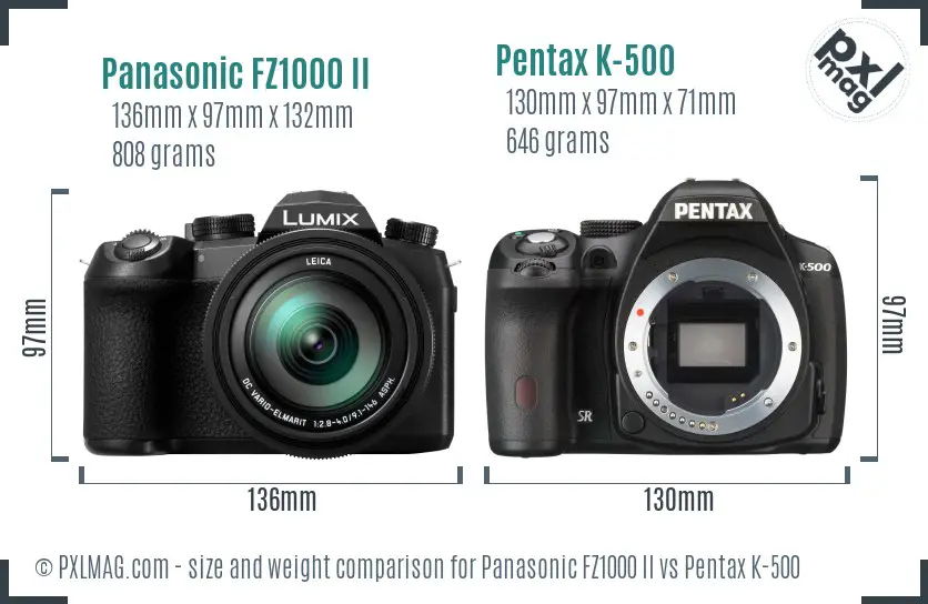 Panasonic FZ1000 II vs Pentax K-500 size comparison