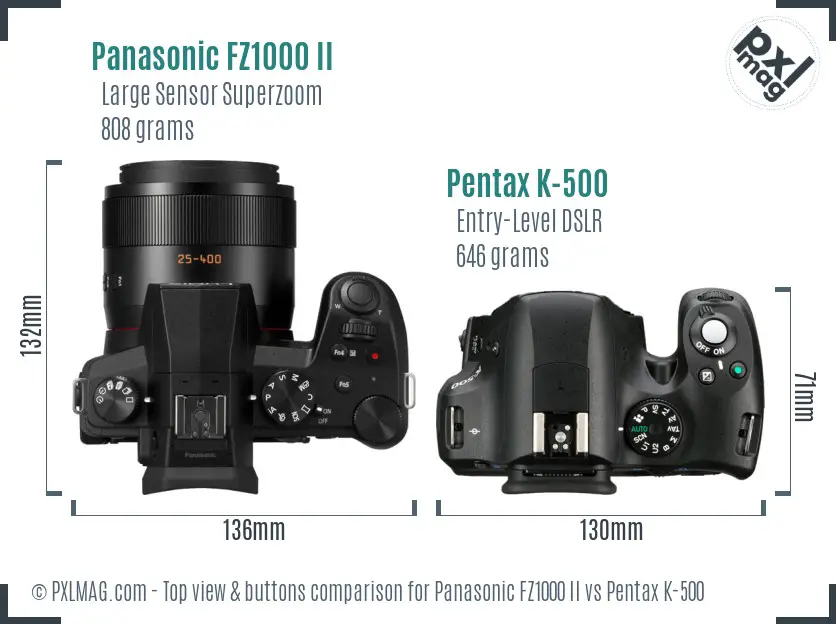 Panasonic FZ1000 II vs Pentax K-500 top view buttons comparison