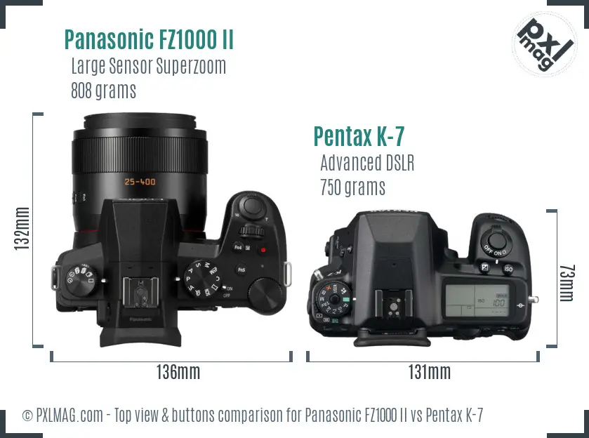 Panasonic FZ1000 II vs Pentax K-7 top view buttons comparison