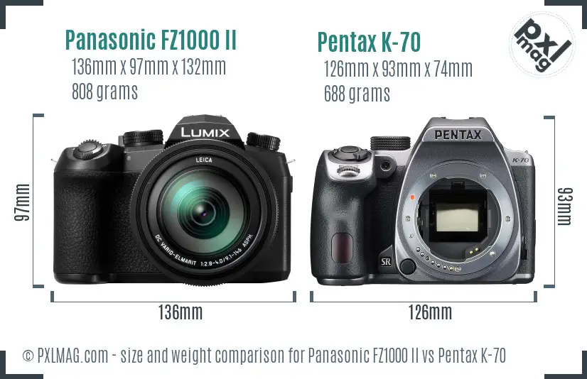Panasonic FZ1000 II vs Pentax K-70 size comparison