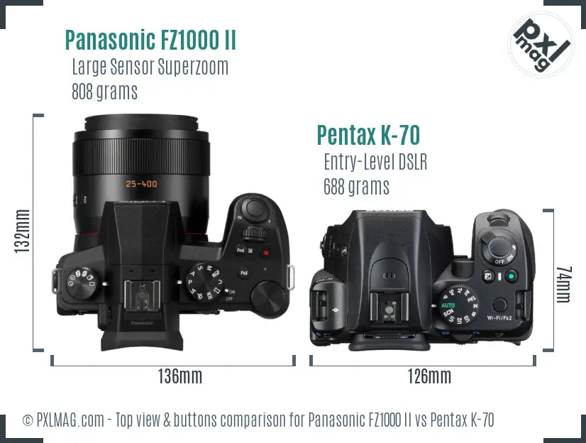 Panasonic FZ1000 II vs Pentax K-70 top view buttons comparison