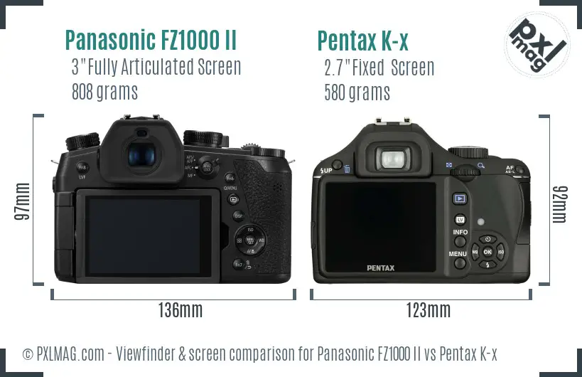 Panasonic FZ1000 II vs Pentax K-x Screen and Viewfinder comparison